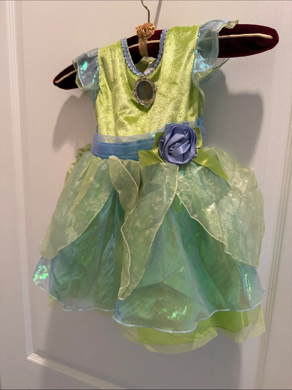 Disney tinker Bell Green Fairy Princess Costume Dress with Blue Flower built in